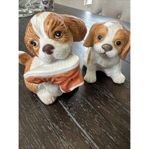 Vtg. Homco Spaniel Pup w/ Orange shoe and his brother!! #1405 & #1407